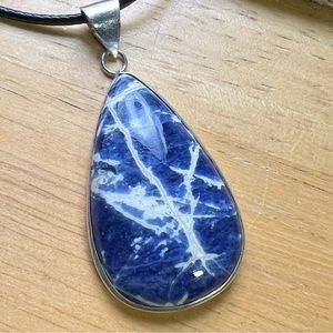 New Sodalite Stone Silver Overlay Pendant Necklace with Cord